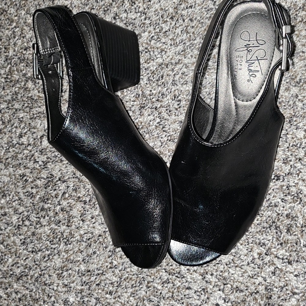 Life Stride Black Peep-Toe Slingback Mules